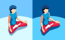Lotus Yoga Pose - Woman Sitting On The Floor Relaxing. 3d Vector Isometric Illustration.
