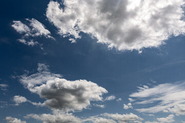 Summer Blue Sky and white cloud white background. Beautiful clear cloudy in sunlight calm season. 