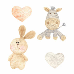 Hare and donkey watercolor knitted toys. Perfect for printing, web, textile design, scrapbooking, souvenir products.