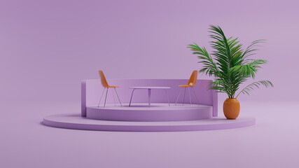Poster - 3d render of the podium with two orange chairs and table. Clean fresh background with plant and pastel gamma. Minimal stage design. Good for presentation or background using.