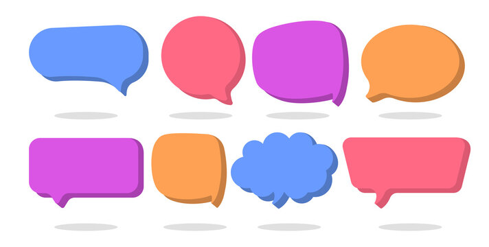 3d Speech Bubble Shapes Set. Round, square, rectangular and cloud stickers for inserting text. Colorful templates for websites, applications and social networks. Design element. Flat vector collection