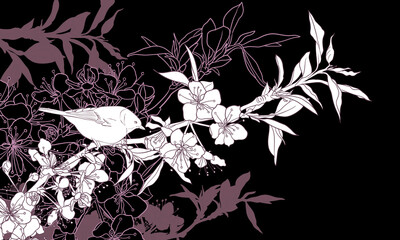 vector drawing natural background with flowering plum tree branches and bird, hand drawn illustratio