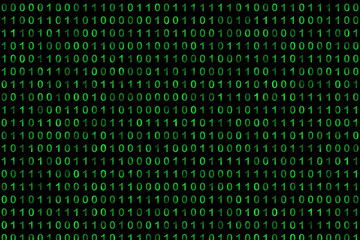 binary code grid from bright green digits on black background, matrix style background