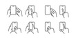 Set of touch screen gesture icons. Hand holding a phone. Pressing the smartphone screen and the side button, zooming in and out. Isolated vector outline symbols on white background. Editable strokes.
