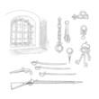 A window with bars in a dungeon, shackles, locks, guns and sabers. Illustration in the engraving retro style