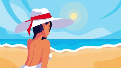 Canvas Print - hello summer animation with woman on the beach