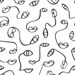 Wall Mural - One line drawing abstract face seamless pattern