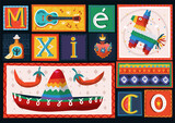 Fototapeta Pokój dzieciecy - Colourful card made of blocks with illustrations of Mexican elements and characters. Each element is an illustration by itself. Vector illustration.  