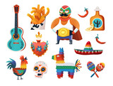 Fototapeta Pokój dzieciecy - Set of stickers with Mexican characters, items and foods, sombrero hat and birthday piñata. Vector images for your cards and party invitations