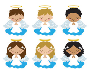 Cute little boy and girl angels on cloud vector illustration. Angels with brown and blonde hair. African American black angels vector.