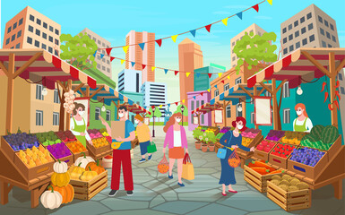 Wall Mural - Organic food market street with people. Food market stalls with fruits and vegetables.Vector cartoon wooden marketplace tents with farm produce.