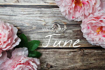 Wall Mural - welcome june typography text with peony flowers on wooden background