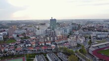 Epic Aerial View Of The Magnificent Maia City, Portugal At Evening.Establishing Shot Of Neighborhood,stadium,football,large Building Suburb,Real Estate, Drone Shots, Sunset, Sunlight, From Above.