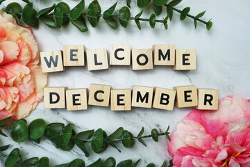 Wall Mural - Welcome December alphabet letter with green leave and pink flower flat lay on marble background