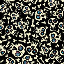 Halloween Cracked Skull And Broken Bone Seamless Pattern, Blue Eyes Skull, Tattoo Seamless Background. Perfect For Textile Design.