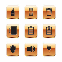 Wall Mural - Set Glass bottle milk and cap, Shield, Speaker volume, Clipboard with document, Coffee cup and Trash can icon. Vector