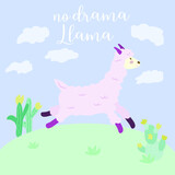 Fototapeta Dinusie - Cheerful galloping llama. No motivational or inspirational quote quotes. Vector in flat style. Cute drawing of a llama with letters, hand drawing vector illustration for cards, t-shirts, covers.