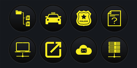 Sticker - Set Computer network, Unknown document, Open in new window, Cloud mail server, Police badge and Taxi car icon. Vector