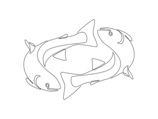 Aufkleber - Two Salmons fish in one continuous line drawing. Wild trouts or tunas in linear sketch style for restoran, professional or amateur fishing web site. Vector illustration