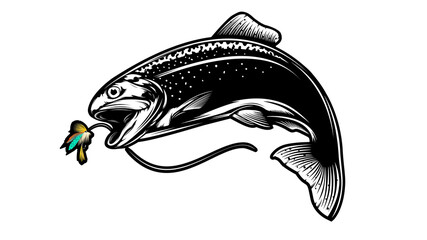 Wall Mural - Rainbow trout jumping out water.Salmon isolated on white background. Concept art for horoscope, tattoo or colouring book.