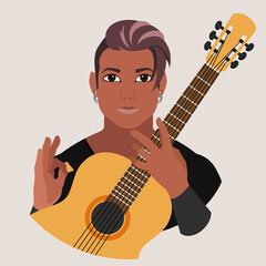Fototapete - Avatar of a young man holding an acoustic guitar. Guitar player. Rock music. Flat vector illustration.