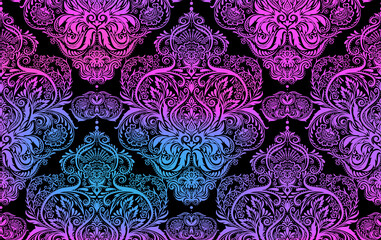 Wall Mural - Tradition floral seamless pattern, damask vintage ornament. Royal victorian flourish wallpapper, luxury textile. Vector illustration. In neon and black colors.