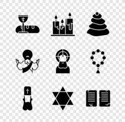 Poster - Set First communion symbols, Burning candles, Stack hot stones, Priest, Star of David, The commandments, Jesus Christ and icon. Vector