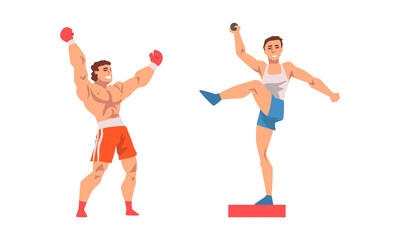 Sticker - Man Character in Boxing Gloves Fighting and Throwing Ball Vector Set