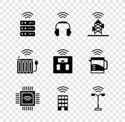 Sticker - Set Smart server, headphones, Wireless antenna, Processor with microcircuits CPU, home wireless, street light, heating radiator and bathroom scales icon. Vector