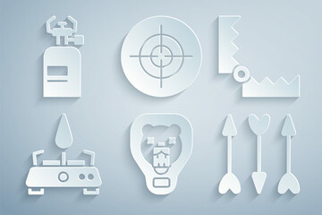 Wall Mural - Set Bear head on shield, Trap hunting, Camping gas stove, Hipster arrows, Target sport and icon. Vector