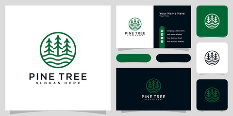 Wall Mural - pine tree and river logo vector and business card