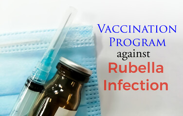 Poster - Vaccination program for rubella infection text isolated with musk, vial and syringe