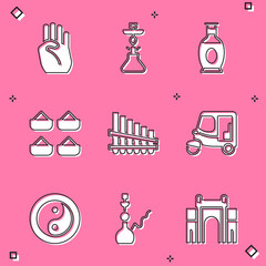 Canvas Print - Set Indian symbol hand, Hookah, vase, spice, Pan flute, Taxi tuk tuk, Yin Yang and icon. Vector