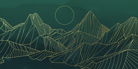Wall Mural - gold mountain wallpaper design with landscape line arts, golden luxury background design for cover, 