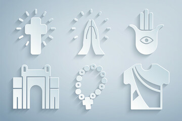 Poster - Set Rosary beads religion, Hamsa hand, India Gate in Delhi, Indian man dress, Hands praying position and Christian cross icon. Vector