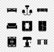 Set Chest of drawers, Chandelier, Wardrobe, Table lamp, Office desk, Sofa and icon. Vector