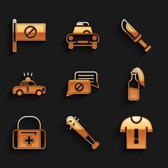 Sticker - Set Speech bubble chat, Baseball bat with nails, T-shirt protest, Cocktail molotov, First aid kit, Police car and flasher, Military knife and Protest icon. Vector