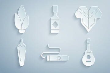 Wall Mural - Set Cigar, Poncho, Hot chili pepper pod, Mexican guitar, Tabasco sauce and Corn icon. Vector