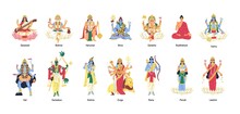 Set Of Ancient Indian Hindu Gods And Goddesses. Different Idols Of Hinduism. Deities And Lords In India. Holy Traditional Characters Of Asia. Flat Vector Illustration Isolated On White Background