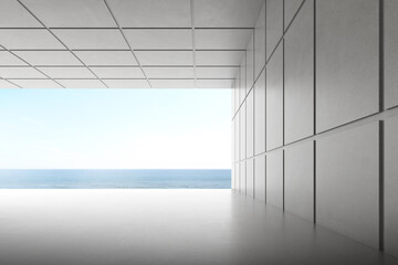 3d render of empty concrete room with large window on the sea background.