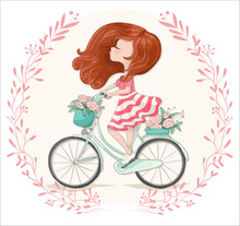 Romantic Cute Girl Riding A Bicycle ,vector Illustration, Vintage Graphic.