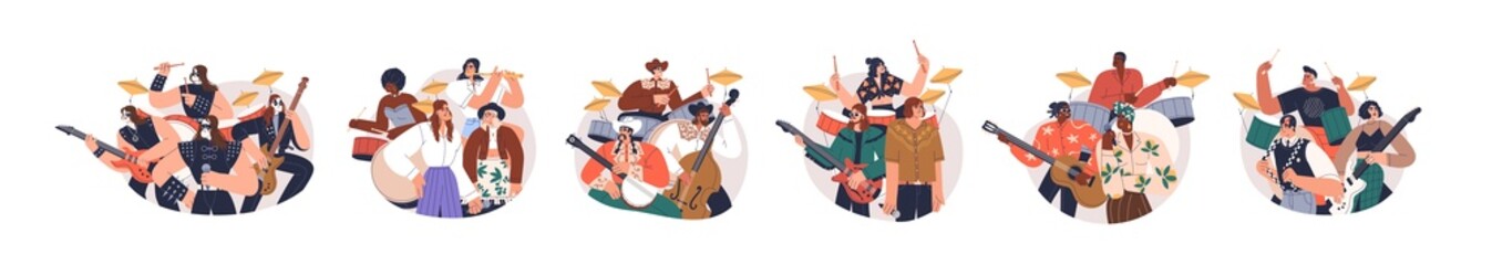 Group portraits of music bands with guitars and drums. Set of musicians and singers of rock, country and jazz styles. Flat vector illustrations of guitarists, drummers and vocalists isolated on white