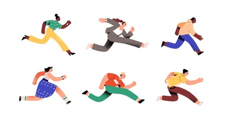 Poster - Set of ambitious people running fast, hurrying to their goals and rushing on urgent businesses. Concept of aspiration to success. Flat vector illustration of runners isolated on white background