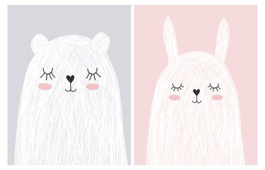 Wall Mural - Cute Hand Drawn White Rabbit and Teddy Bear Vector Illustration Set. Lovely Nursery Art with Funny Bunny And Dreamy Polar Bear on a Light Gray and Pastel Pink Background. Kids Room Decoration.