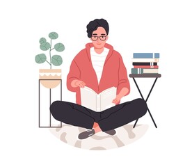 Poster - Smart student preparing for exam at home. Young man in eyeglasses studying and reading textbooks. Reader sitting on floor and learning. Flat vector illustration isolated on white background
