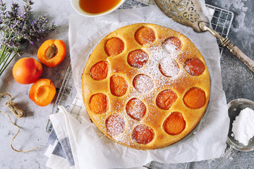 Homemade apricot tart with honey and dry lavender