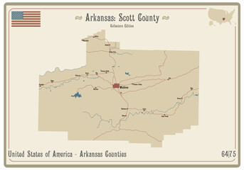  Map on an old playing card of Scott county in Arkansas, USA.