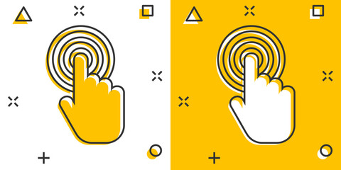 Wall Mural - vector cartoon click hand icon in comic style. cursor finger sign illustration pictogram. pointer bu