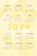 2024 calendar on abstract yellow background with translucent triangles. Calendar design for print and digital. Week starts on Sunday