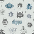 © paseven - Seamless pattern with wine labels, logos, emblems, signs on a light backdrop. Vector background on the theme of liquor stores and wine in retro style. Suitable for wallpaper, wrapping paper, fabric